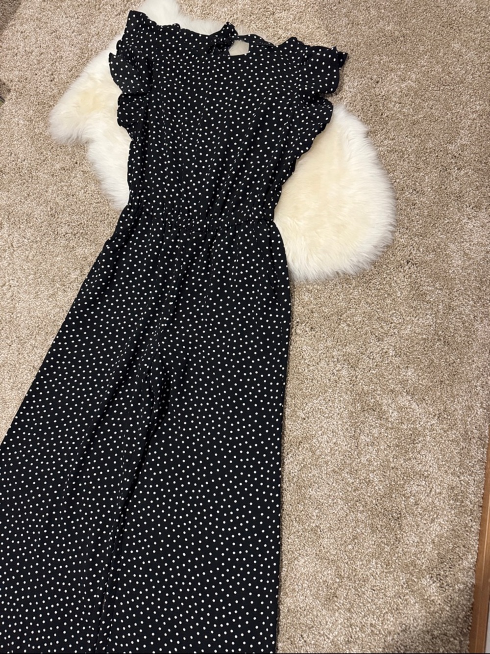 Sanctuary Women’s Black Polka Dot Wide-Leg Jumpsuit with Ruffle Sleeves Size XS - Picture 4 of 8